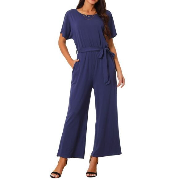 Belted High Waist Wide Leg Casual Dressy Jumpsuits Dark Blue - Picture 1 of 6